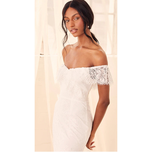 Lulus Cherished Forever White Off-the-Shoulder Lace Maxi Dress Size L - Picture 8 of 13